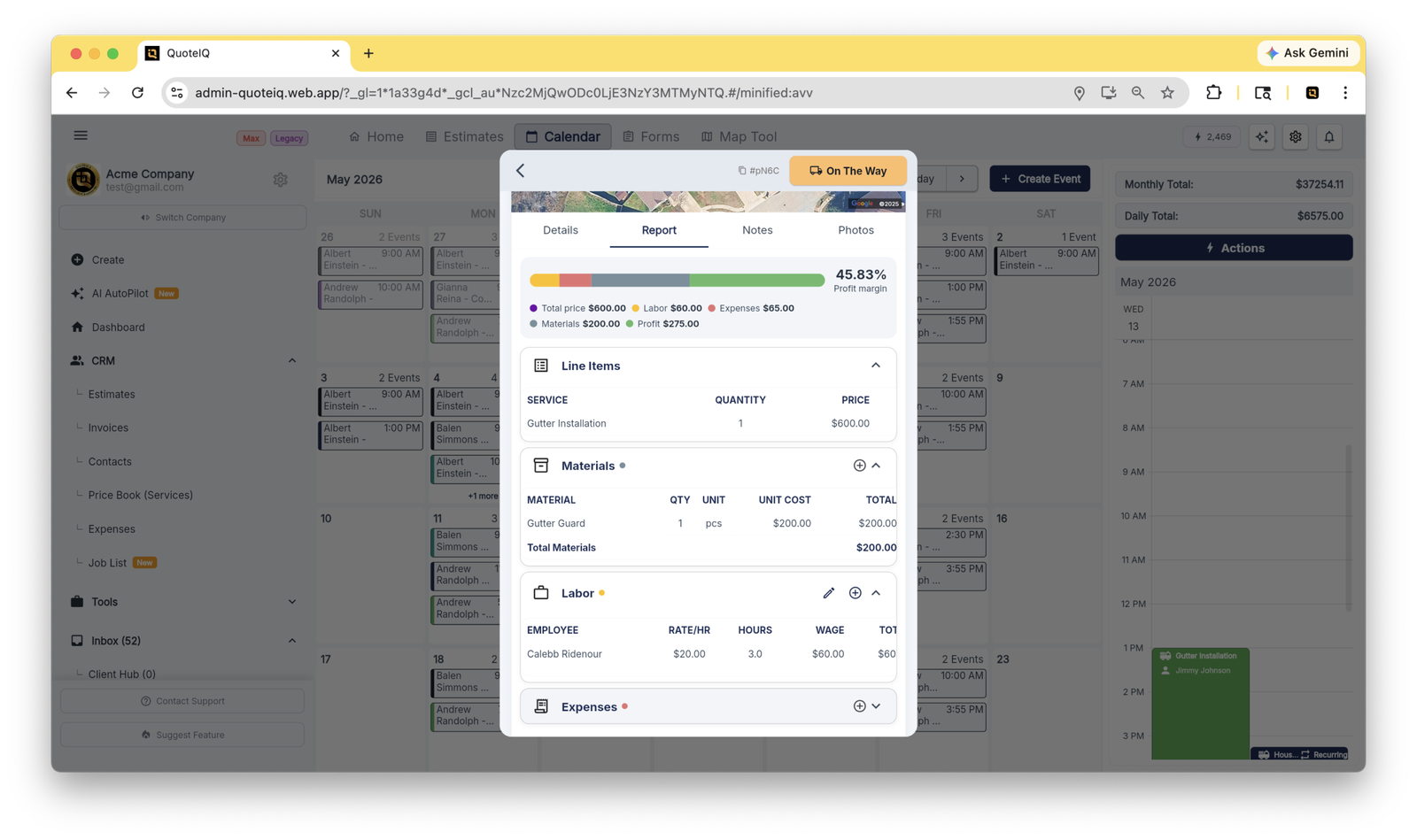 QuoteIQ Job Costing dashboard